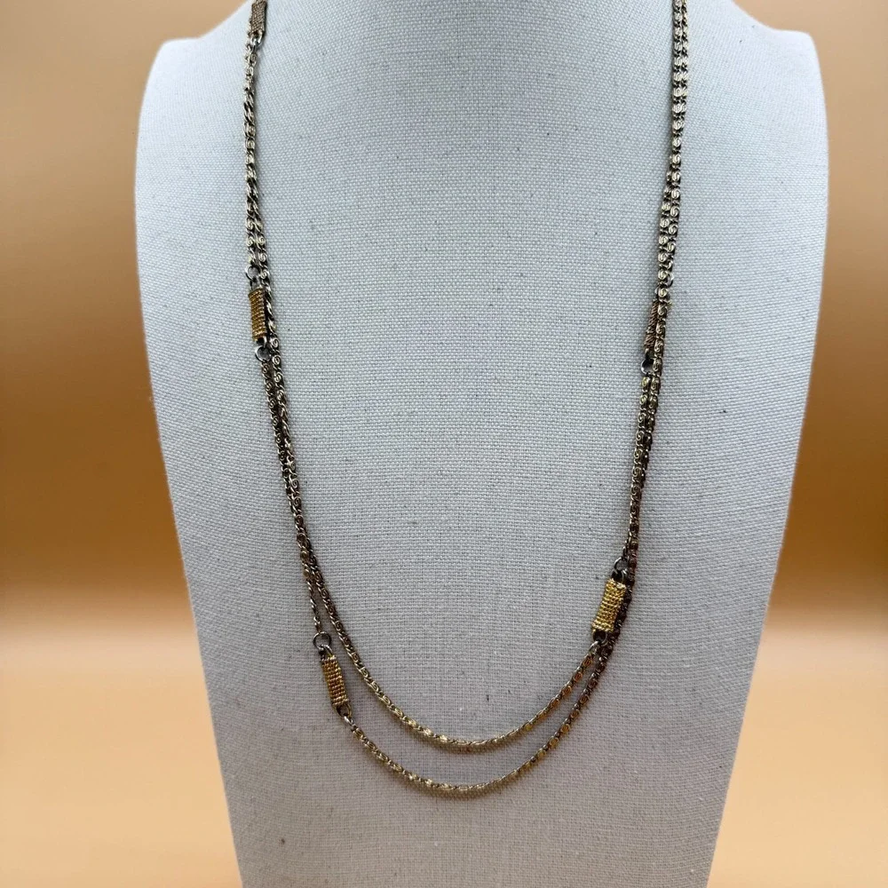 Two Tone Silver & Gold Tone Double Strand Byzantine Chain Necklace Statement